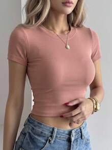 Joudiya Women Plain Simple Casual Daily T-Shirt - Dusty Pink - View 15