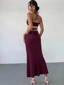 Firerie Robe longue élégante minimaliste sexy et charmante pour femme, pour soirée, bal, carnaval, festival de musique et rendez-vous, violet-rouge, col licou, découpe à la taille, tricotée, haute élasticité, moulante - Fushia - Voir 2