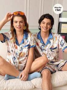 Chillnights Ensemble de détente en satin pour homme, style jeune et décontracté, imprimé soleil - Multicolore - Voir 4