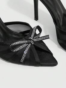 CUCCOO SZL Women Shoes Black Satin Mesh Stitching Bow Rhinestone Elements Fashion Elegance Temperament Pointed High Heel Sandals - Black satin - View 10