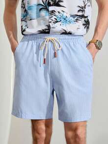 VeloEdit Pantalones cortos casuales de hombre con estampado de rayas y cordón en la cintura, adecuados para vacaciones de verano y uso diario - Multicolor - Ver 5