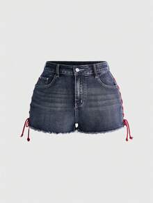 ROMWE Goth Shorts vaqueros mini súper cortos de talla grande con diseño de cordón, bolsillos con patrón bordado de ojo, corazón, estrella, perlas y gemas, estilo gótico oscuro - Azul - Ver 2