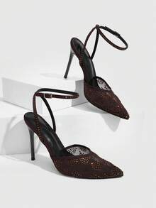 CUCCOO SZL Women's Elegant Brown Pointed Toe Sequin Embellished Ankle Strap Stiletto Heel Pumps - Coffee Brown - View 1