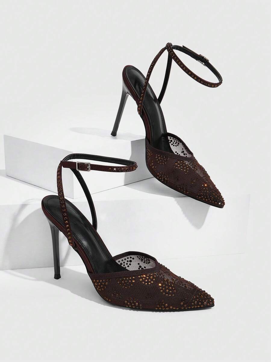 CUCCOO SZL Women's Elegant Brown Pointed Toe Sequin Embellished Ankle Strap Stiletto Heel Pumps - Coffee Brown - View 1