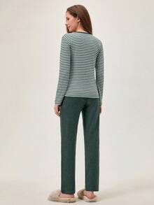 Loomlin 2pcs Cotton Contrast Colour Striped With Koala Embroidery Detail PJ Set - Green - View 2