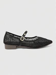 ROMWE Goth Pointed Mesh Yarn Breathable Mesh Surface Low Vamp Versatile Comfortable Fairy Black Flat Autumn Shoes - Black - View 4