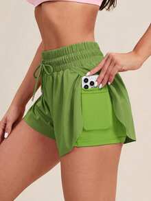 Activina Women's Solid Color Drawstring Waist Pickleball Tennis Shorts All Season Ralphlauren Old Money For Daily Casual Wear Running Casual Youthful - Green - View 2