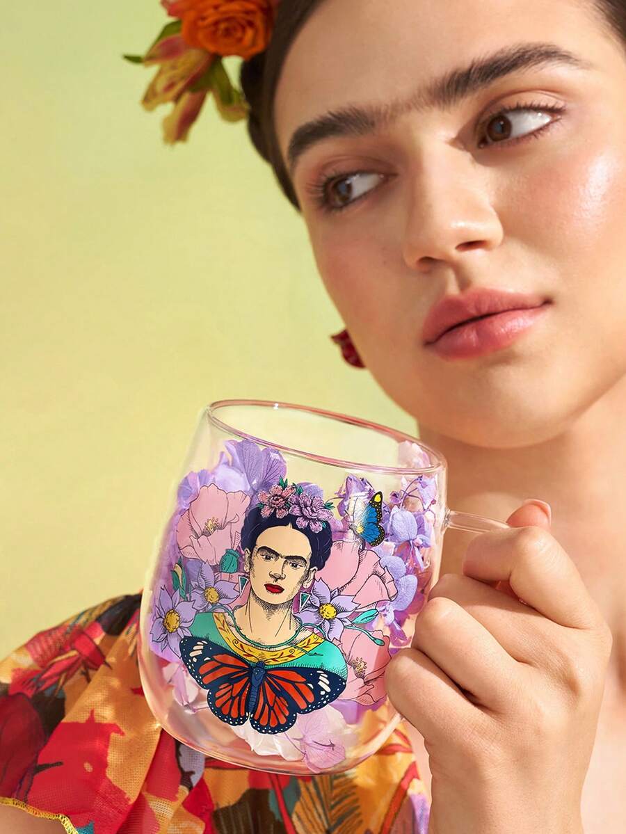 Frida Kahlo X SHEIN 1個 520ml/17.58oz 復古花卉雙層高硼矽酸鹽玻璃杯,附乾燥花裝飾,隔熱耐冷玻璃杯,適用咖啡與茶,美學藝術飲具 - 無色 - 查看 1