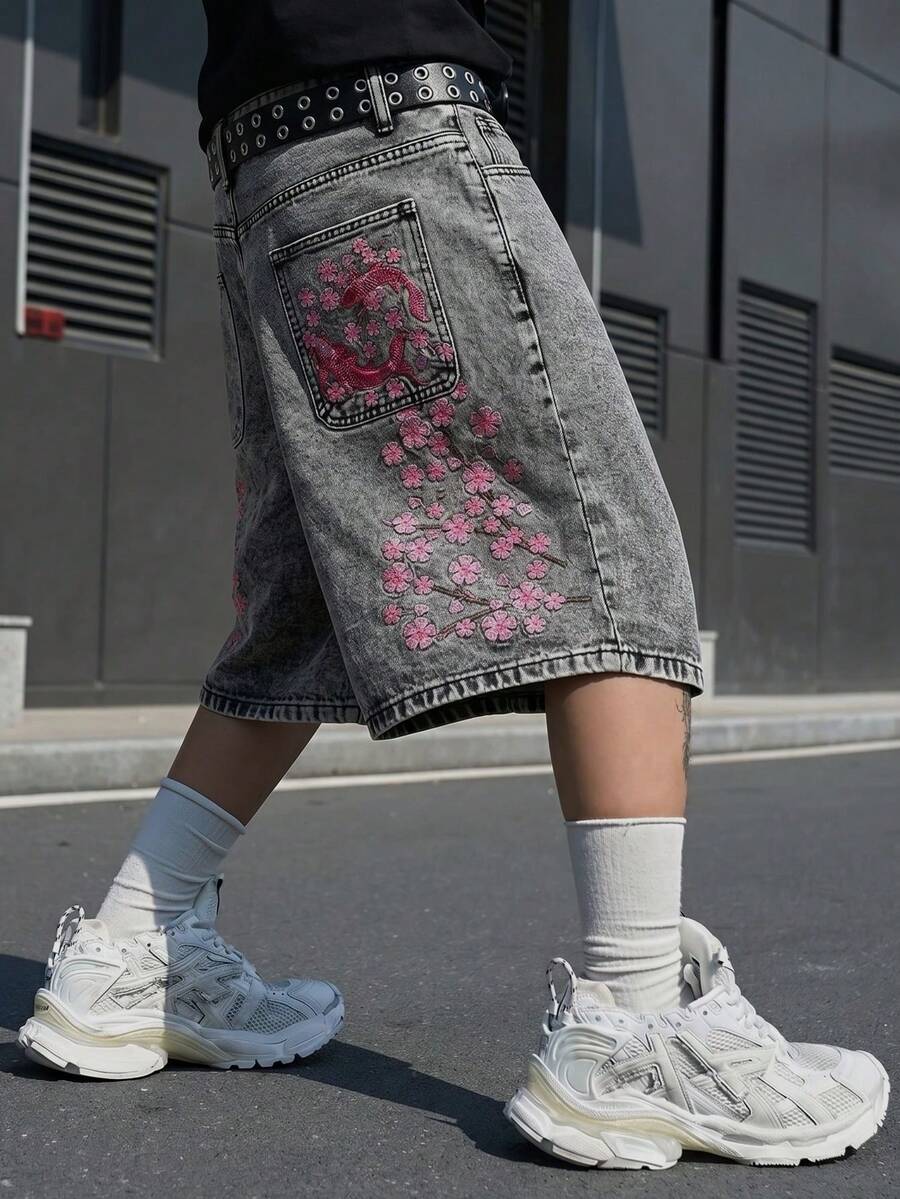 Manfinity EMRG 男士街頭風休閒刺繡灰色牛仔短褲 - 深灰色 - 查看 1