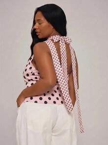 MUSERA Plus Size Polka Dot Cut Out Tie Scarf Top Spring Summer Vacation Holiday Casual 1920 Vintage Elegant Everyday Cute High Tea Tea Party Light Pink - Pink - View 3