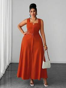 Maweii Vestido largo de línea A de talla grande, estilo vintage caramelo, cuello cuadrado, sin mangas, con ajuste ceñido a la cintura y efecto adelgazante con cinturón, estilo elegante de oficina francés - Naranja - Ver 4