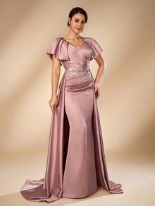 Serin Elegant Dusty Pink Satin V Neck Flutter Sleeve Rhinestone Beaded Ruched Pleated Mermaid Train Floor Length Mother Of The Bride Wedding Guest Gown - Pink - View 9