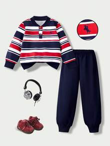 SHEIN Casuvi Kids 男童 2 件套 針織數位條紋衛衣 半開亨利領套頭長袖 純色收口運動長褲 馬匹圖案 秋季 - 彩色 - 查看 9