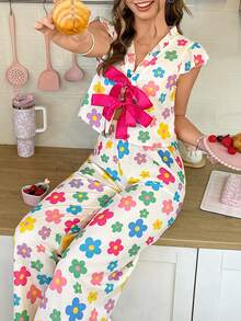 SweetSlumber Y2K Sweet Ins Striped Colorful Floral Print Women's Bubble Crinkle Pajama Set - Multicolor - View 1