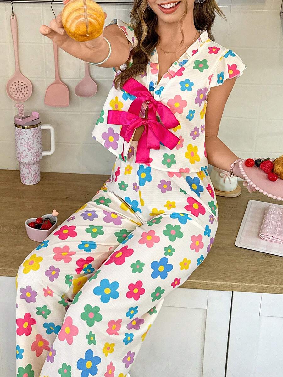 SweetSlumber Y2K Sweet Ins Striped Colorful Floral Print Women's Bubble Crinkle Pajama Set - Multicolor - View 1