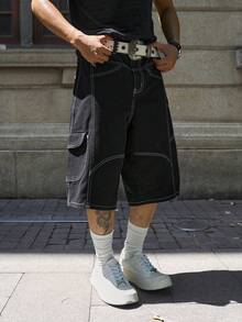 Manfinity EMRG Men's Loose Casual Denim Wide Leg Shorts With Pockets - Black - View 3