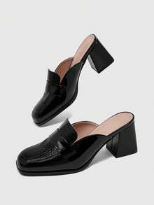 CUCCOO BIZCHIC French Retro Thick Heel Closed Toe Slippers Women, Black Stone Pattern Patent Leather Square Toe Mules Shoes Workplace Commuter High Heels - Black - View 6