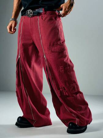 Casual Jean cargo en denim lavé avec fermeture éclair pour homme, style subculture