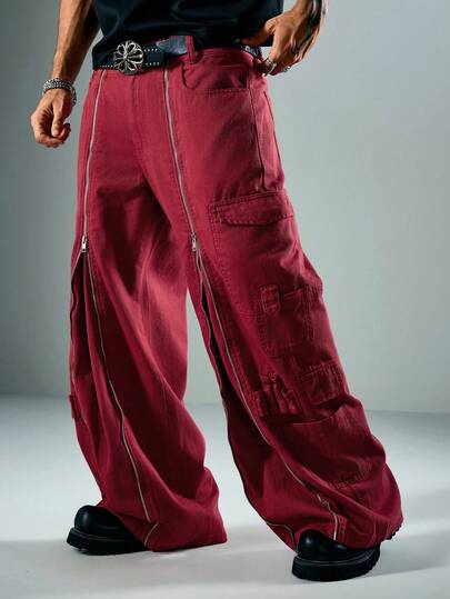 Casual Jeans de mezclilla cargo lavados con cremallera estilo subcultura para hombre