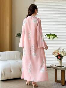 Al Najma Floral Print Decorated Tassel Women's Turkish Kaftan & Arabic Traditional Long Shirt - Pink - View 3