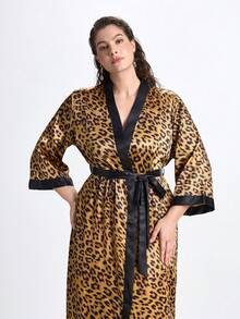 Slumbrini 1件加大码女士系带轻薄缎面睡袍，优雅豹纹宽松睡衣，适合居家穿着，秋冬季节皆宜。 - 棕色 - 查看 7