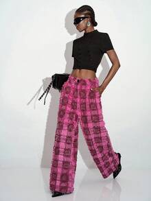 Aveloria GENKIRA Lässige Streetwear Sexy Retro 3D Quasten Cut-Out Karo Lose Weite Beine Lange Hose Nachtparty Rosa Karo Herbst - Heißes Pink - Übersicht 3