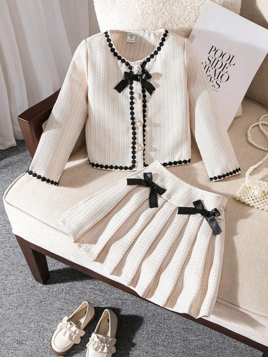 SHEIN Elladie kids 女童蝴蝶結外套套裝,戶外、返校、日常穿搭 - 白色 - 查看 1