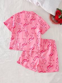 Girls' 2pcs Short Sleeve & Shorts Set, Pink Button-Up Cartoon Flamingo Print, Smooth Comfortable Minimalist Casual Loungewear For Summer - Pink - View 3