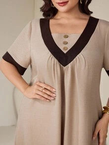 Al Najma Plus Size Women's Contrast Color Button Design Short Sleeve Arabic Style Hijab Modest Dress Egypt Holiday Evening Morocco Holiday Wedding Beige Summer - Khaki - View 4