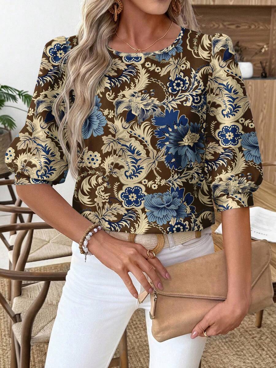 EMERY ROSE Women's Casual Commute Printed Lantern Sleeve Blouse - Multicolor - View 1