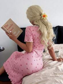 Napfluff Camisón de punto de manga corta con cuello cuadrado, patchwork de encaje, 2 botones, estampado de rayas y lazos - Rosa - Ver 2