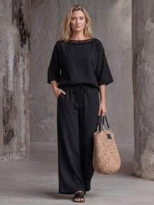 Faunlyn Women's Vacation Casual Basic Solid Color Shirt Pants 2 Pieces Set Cotton-Lin Brunch Black Summer - Black - View 5