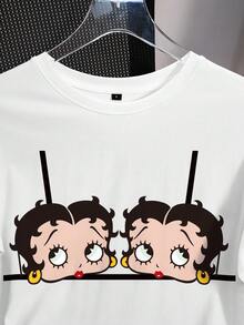 Betty Boop x SHEIN T-shirt d'été à manches courtes pour femmes, col rond, imprimé de dessin animé, décontracté et polyvalent - Blanc - Voir 4