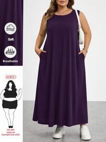 SHEIN CURVE+ 大尺碼女款夏季洋裝 度假洋裝 畢業禮服 商務休閒女裝 辦公洋裝 新款時尚休閒通勤穿搭 條紋無袖口袋長洋裝 A字裙 黑白條紋洋裝 - 紫色 - 查看 9