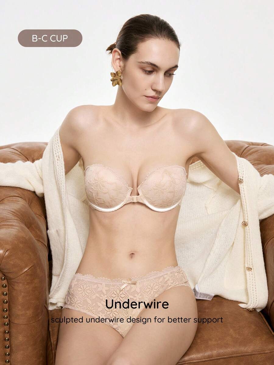 Bralution Women's Floral Lace Underwire Push-Up Strapless Bra And Panty Set - Apricot - View 1