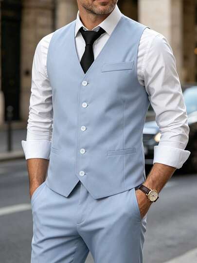 Manfinity Bizformal Men's Wedding 2 Pieces Spring/Summer Vest Suit Set, Light Blue Fabric, Mature Business Style Waistcoat, Trousers, Formal