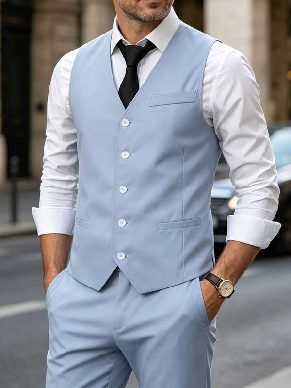 Manfinity Bizformal Men's Wedding 2 Pieces Spring/Summer Vest Suit Set, Light Blue Fabric, Mature Business Style Waistcoat, Trousers, Formal