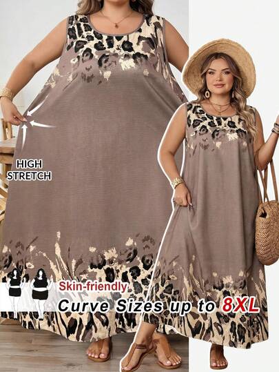 SHEIN CURVE+ Vestido sin mangas con estampado floral para mujer de talla grande, verano, atuendos de vacaciones para mujer, ropa de otoño para mujer, invierno, CURVE PLUS