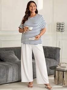 Rosumi Damen Große Größen Sommer Lässig Gestreiftes Fledermausärmel Kurzarm T-Shirt Und Weite Hose 2-teiliges Set - Blau-Weiß - Übersicht 6