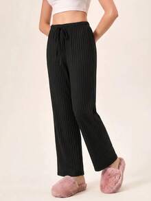 EURMUSE Women 100% Casual 2 Pcs Solid Grey And Black Rib Knit Sleep Lounge Pant Set - Multicolor - View 3