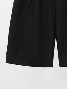 SHEIN 青少年男孩 2 合 1 雙層沙灘短褲泳褲，外層純黑色寬鬆快乾，配白色抽繩彈性腰帶，穿脫方便且不壓腹；內層高彈力貼身防走光內襯，黑色底綠色閃電/裂紋印花，充滿活力，適合度假、衝浪、游泳 - 彩色 - 查看 7