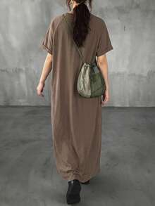 FRIFUL Women Brown Long Embroidered Graphic Print Summer Dress Sundress - Brown - View 12