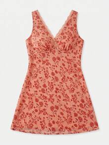 lacRébo Orange Floral Sleeveless Mini Dress With Lace-Trim, V Neckline, Underbust Seam And A-Line Shape Summer Vacation Dress - Pink - View 7