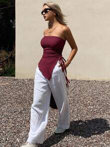 Joudiya Damen asymmetrische plissierte Bluse, Sommer Ausgehoberteil, Bandeau-Top - Bordeaux - Übersicht 12