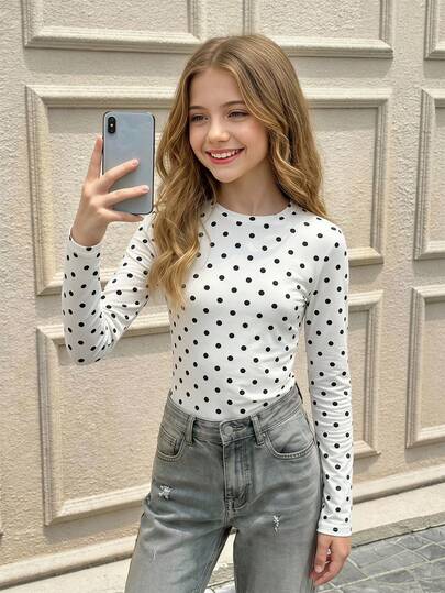 SHEIN Teen GirlBeige Black Polka Dot Print T-Shirt, Simple And Elegant, Classic Style, High-Quality Fabric, Multiple Color Options