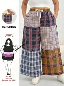 SHEIN CURVE+ Plus Size Plaid Patchwork Retro Style Pants Fall - Multicolor - View 1