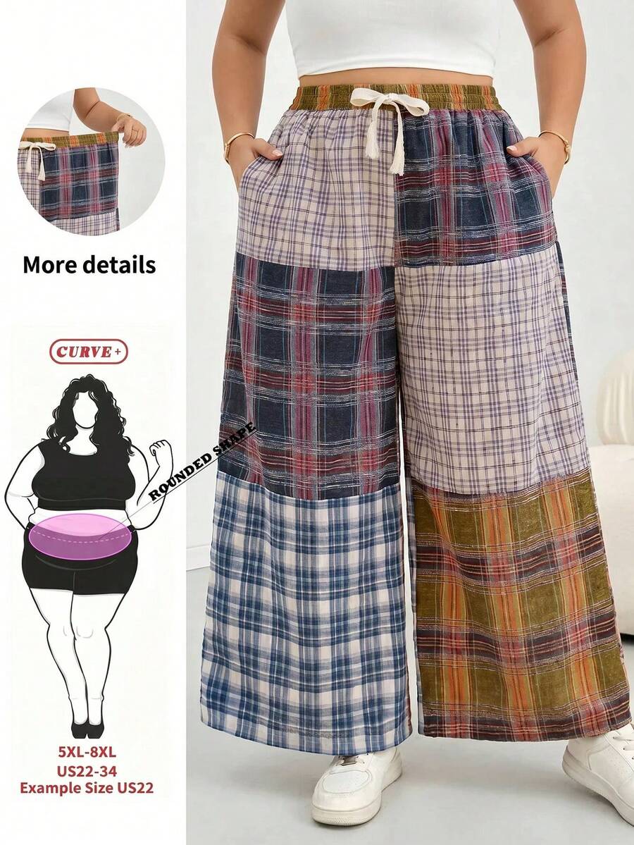 SHEIN CURVE+ Plus Size Plaid Patchwork Retro Style Pants Fall - Multicolor - View 1