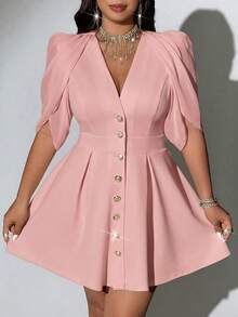 Viva Relle Plus Size Women's Spring/Summer New Arrival Elegant Sophisticated Lightweight Luxury Style Beige Apricot Cape Sleeve Dress, V-Neck Metal Buckle Waist Cinched Slimming Short Skirt. Suitable For Office Commute, Business Dating, Urban Streetwear, Sophisticated Lightweight Luxury Fashion Apparel, Minimalist Fashion Plus Size Women's Clothing. - Pink - View 7