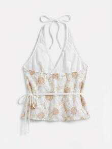 lacRébo White Embroidered Halter Wrap Top With Open Back, Side Tie Closure And Deep V Neckline Summer Holiday Vintage Cute Casual Top - White - View 7