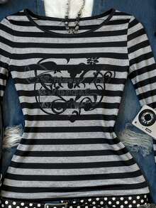 INAWLY Atasan Wanita Modis dengan Motif Garis dan Huruf, Musim Gugur - Hitam - View 4